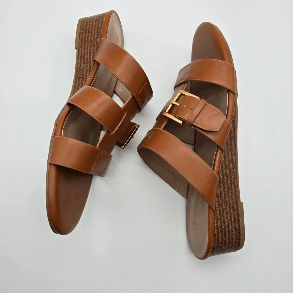 Aerosoles Borri Tan Brown Leather Wedge Slide Sandals Gold Buckle Womens 10